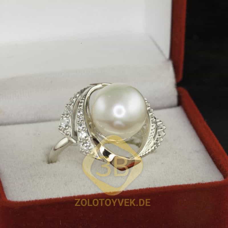 Серебряное кольцо со вставками  золота, жемчугом и фианитами,  покрытие родий
