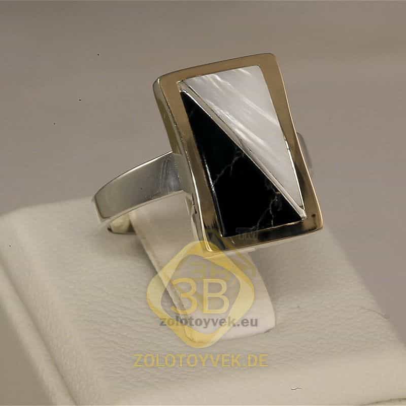 Серебряное кольцо со вставками золота, белым перламутром и черным агатом, покрытие родий