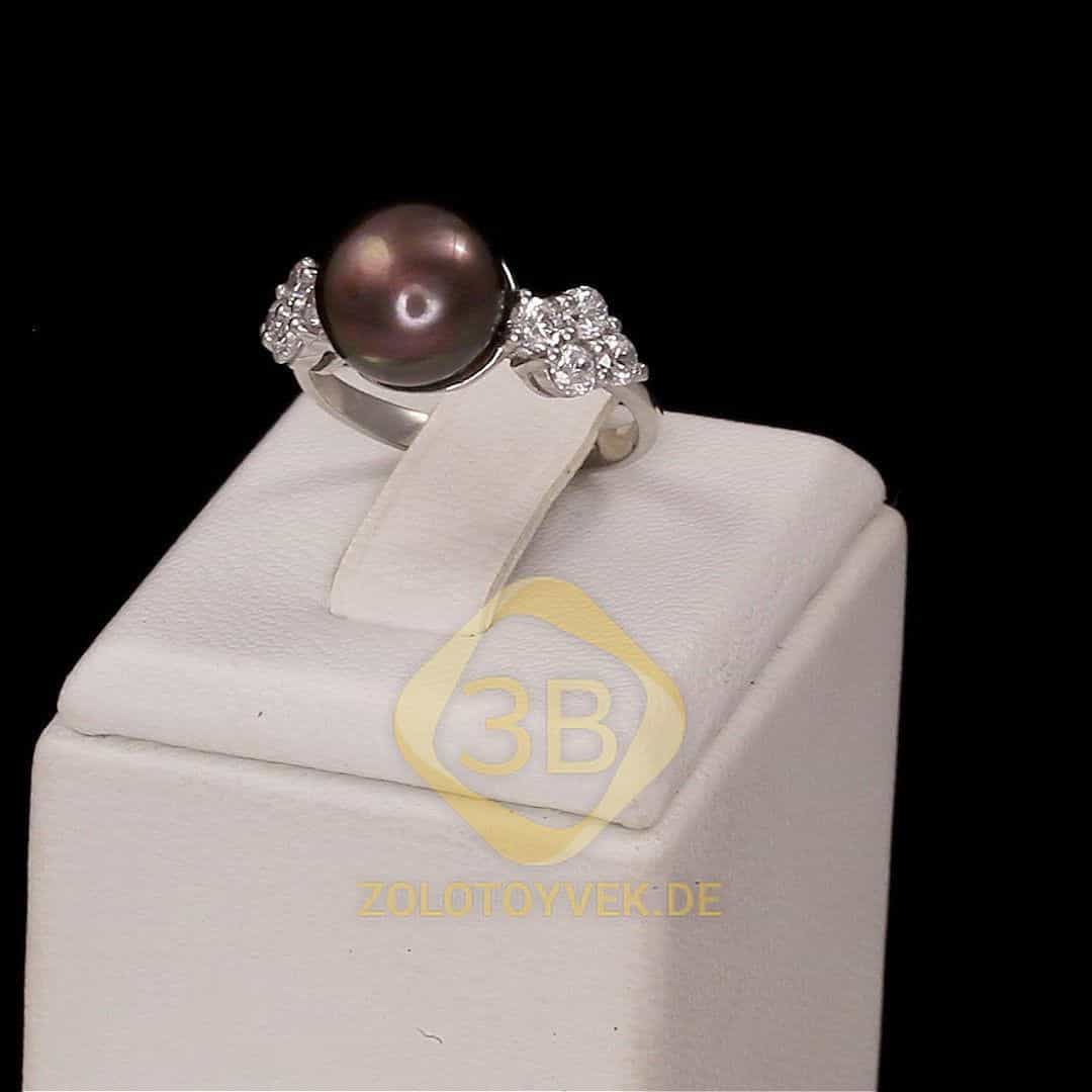 Серебряное кольцо с черным жемчугом и фианитами, покрытие родий