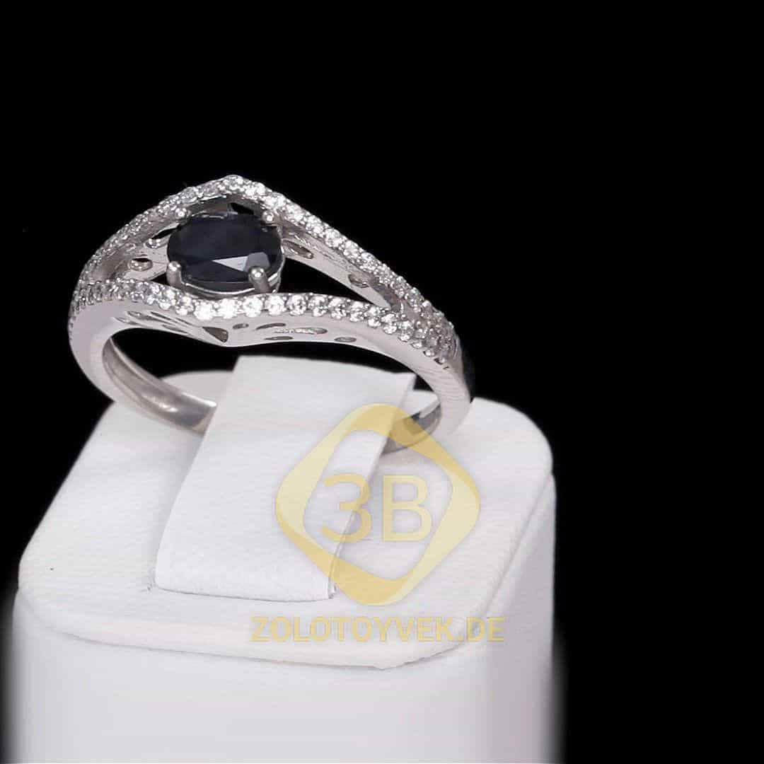Серебряное кольцо с сапфиром и фианитами, покрытие родий