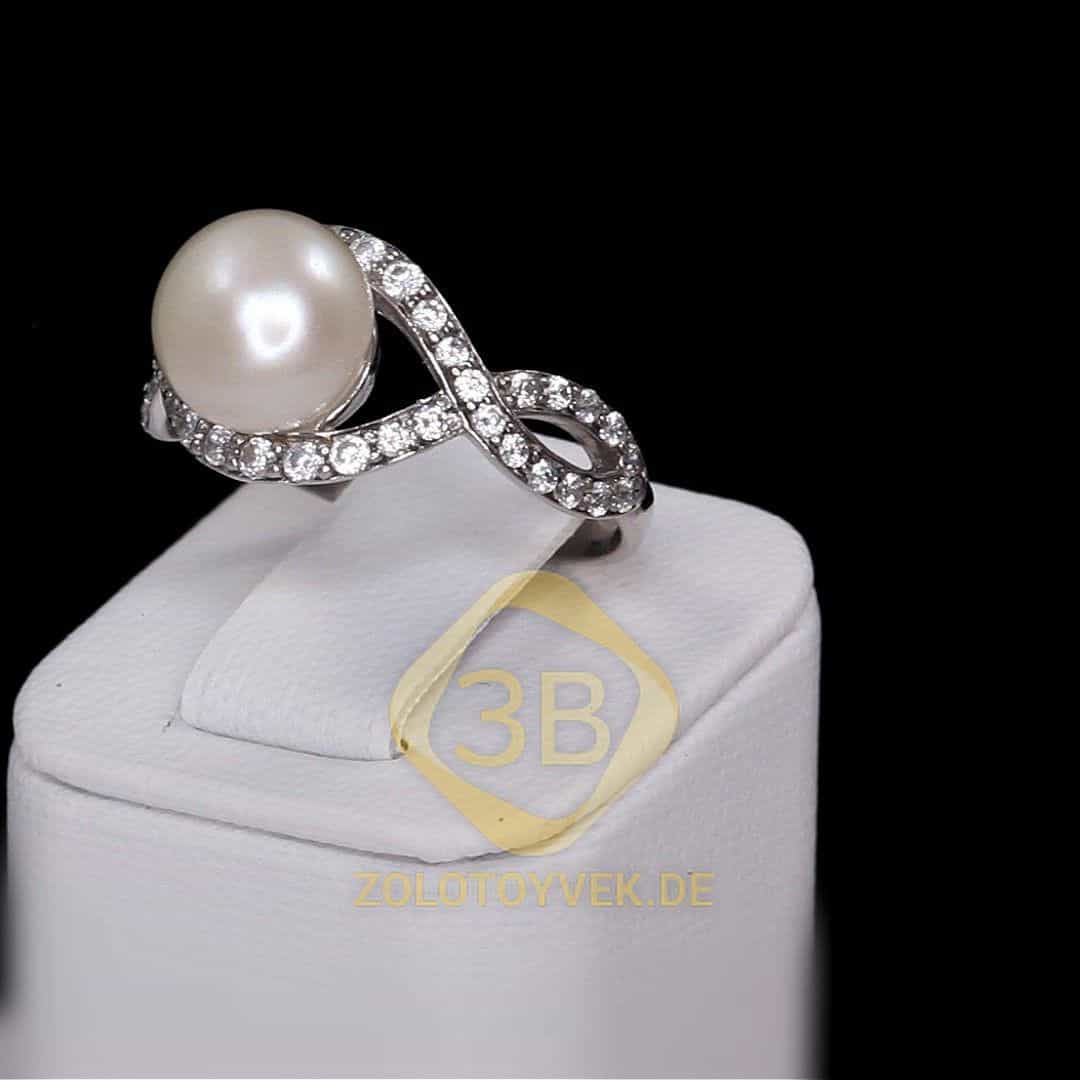 Серебряное кольцо с белым жемчугом и фианитами, покрытие родий