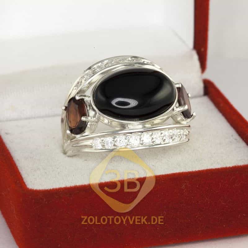 Серебряное кольцо с ониксом, гранатом и фианитами, покрытие родий