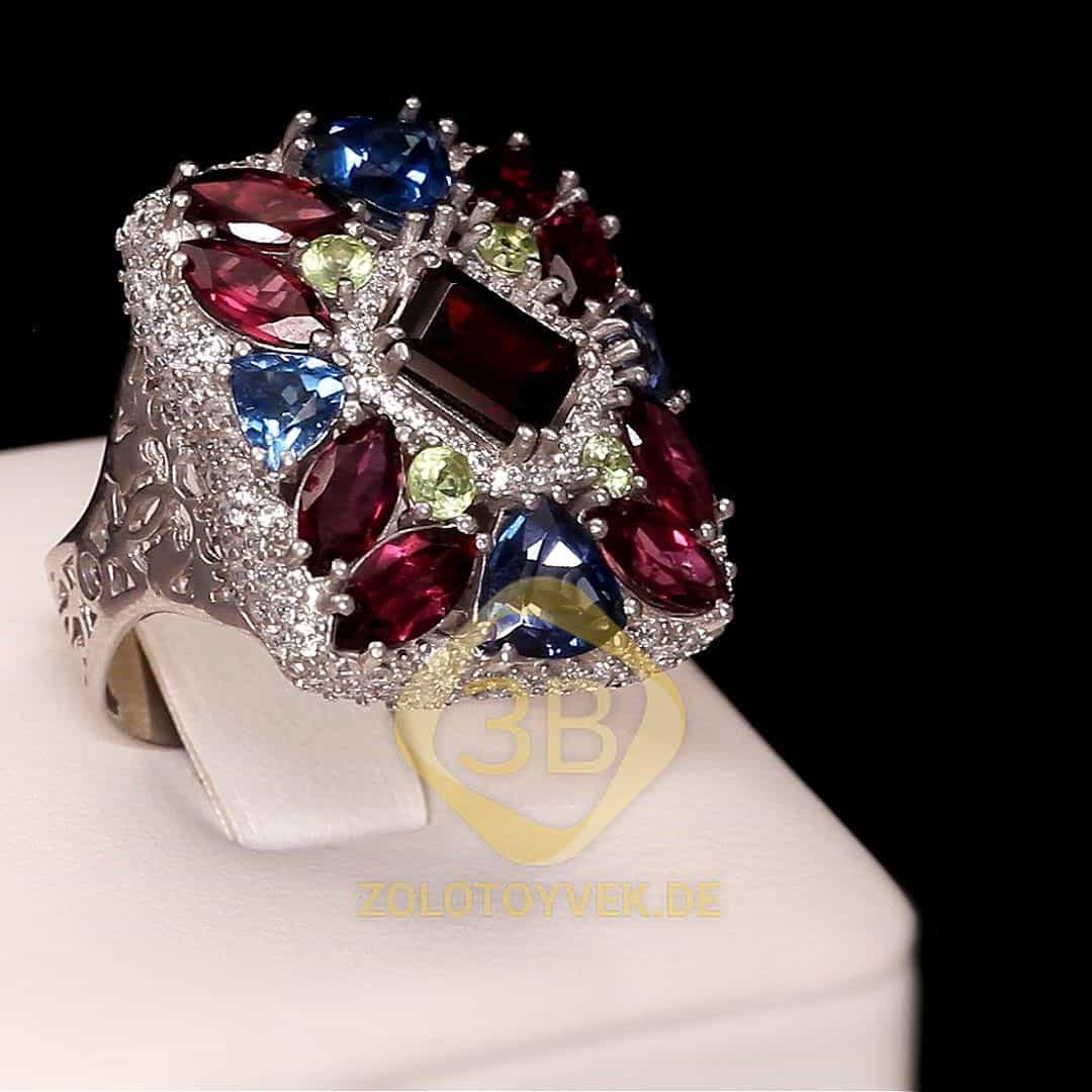 Серебряное кольцо с аметистом, гранатом, лондонским топазом, перидотом,родолитом и фианитами, покрыт
