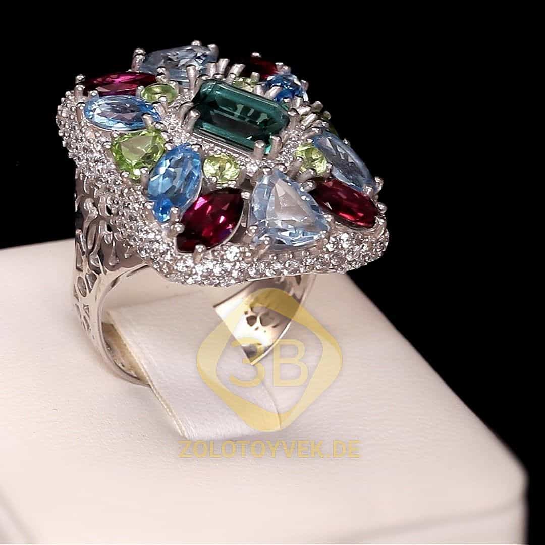 Серебряное кольцо с зеленым кварцем, аметистом, лондонским топазом, голубым топазом, перидотом, родо