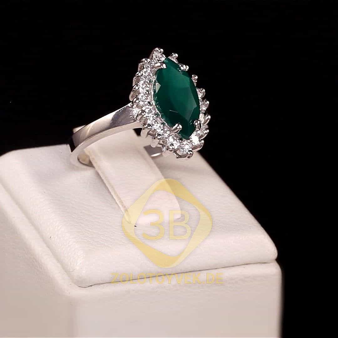 Серебряное кольцо с зеленым агатом и фианитами, покрытие родий