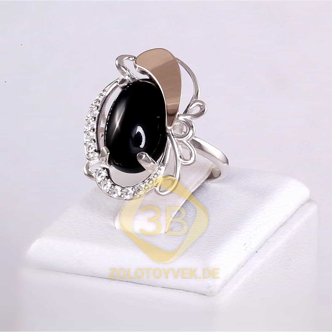 Серебряное кольцо со вставками золота, ониксом и фианитами, покрытие родий