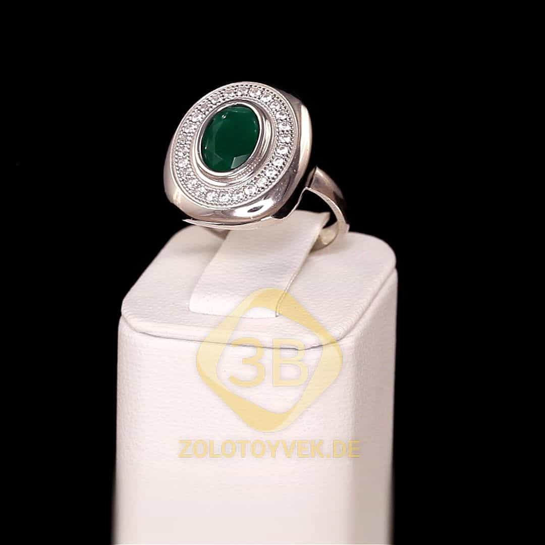 Серебряное кольцо с зеленым альпинитом и фианитами, покрытие родий