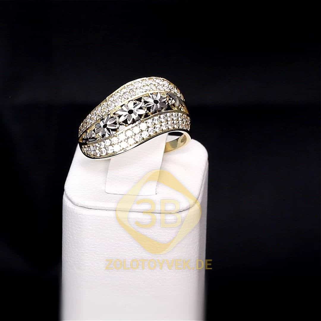 Золотое кольцо с алмазной огранкой и фианитами, покрытие родий