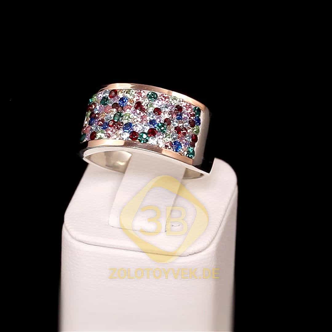 Серебряное кольцо со вставками золота и цветной россыпью кристаллов “swarovski”, покрытие родий
