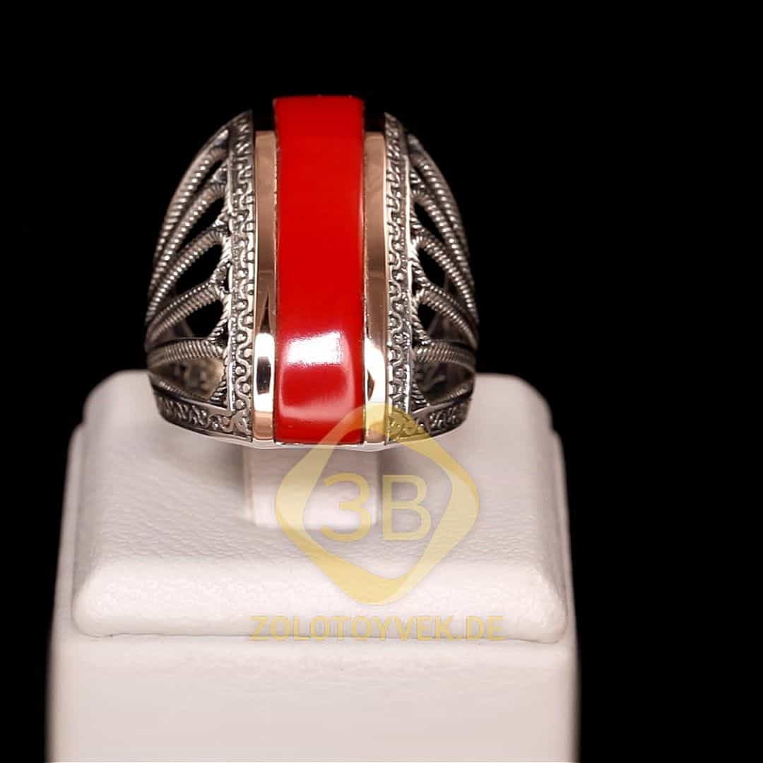 Серебряное кольцо со вставками золота и им. кораллом, покрытие родий