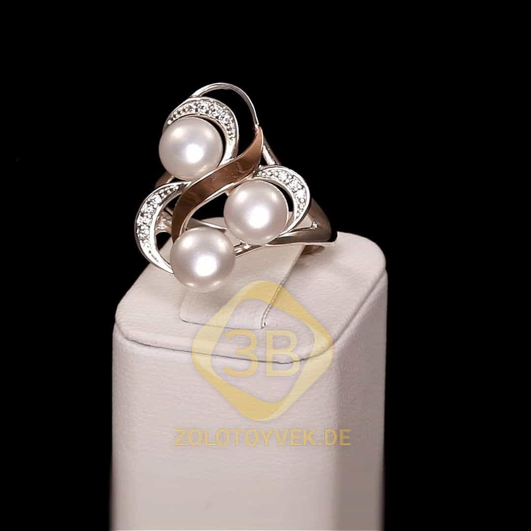 Серебряное  кольцо со вставками золота,белым жемчугом и фианитами, покрытие родий