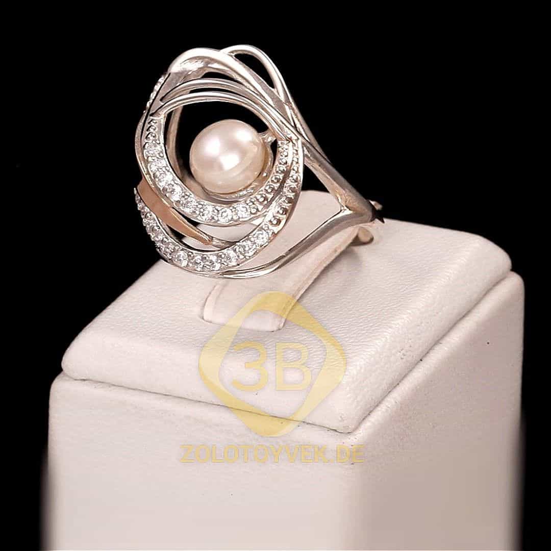 Серебряное кольцо со вставками золота, жемчугом и фианитами, покрытие родий