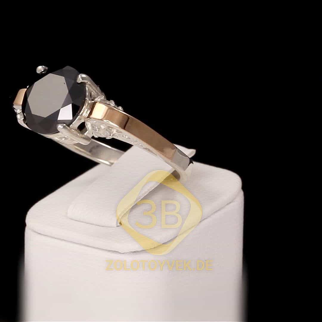 Серебряное кольцо со вставками золота, черным брилианитом и фианитами, покрытие Родий