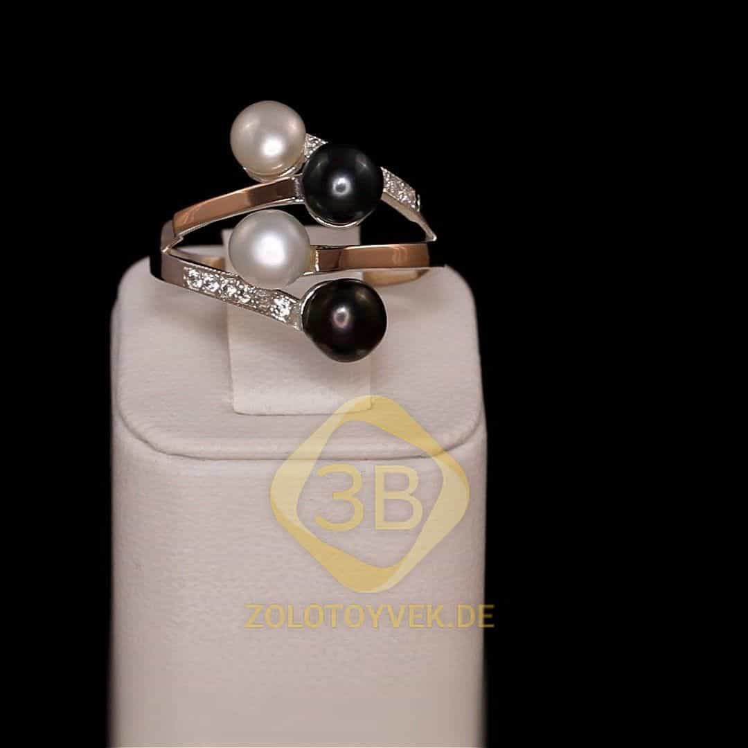 Серебряное кольцо со вставками золота, белым и черным культивированным жемчугом и фианитами