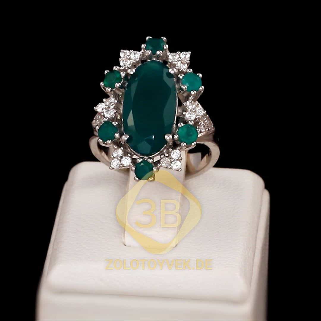 Серебряное кольцо с зеленым агатом, гид. изумрудом и фианитами, покрытие Родий
