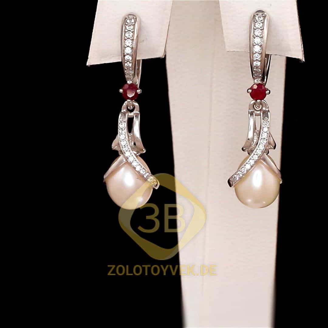 Серебряные серьги с белым культивированным жемчугом, рубином и фианитами, покрытие Родий