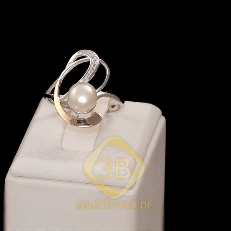 Серебряное кольцо со вставками золота, белым культивированным жемчугом и фианитами, покрытие Родий