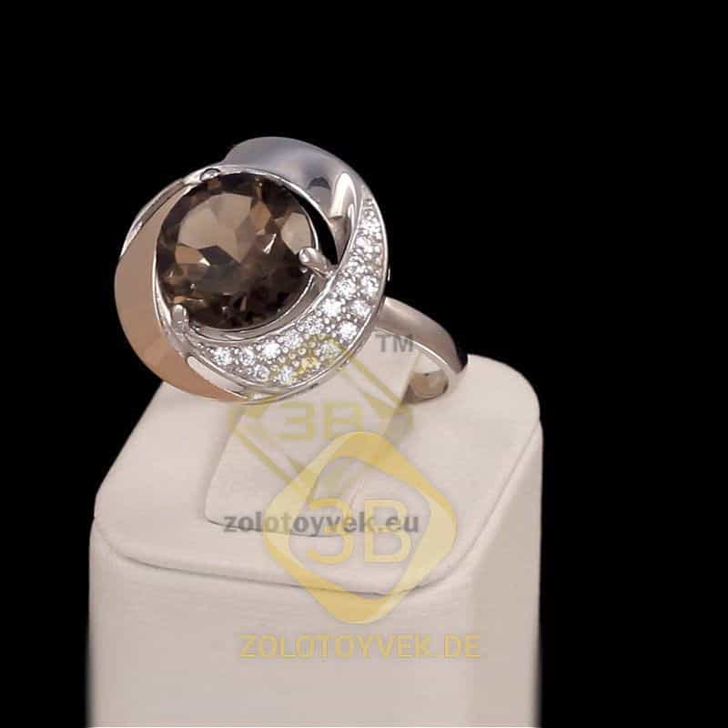 Серебряное кольцо со вставками золота, раухтопазом и фианитами, покрытие Родий