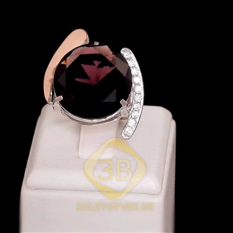 Серебряное кольцо со вставками золота, аметистовым брилианитом и фианитами,покрытие Родий