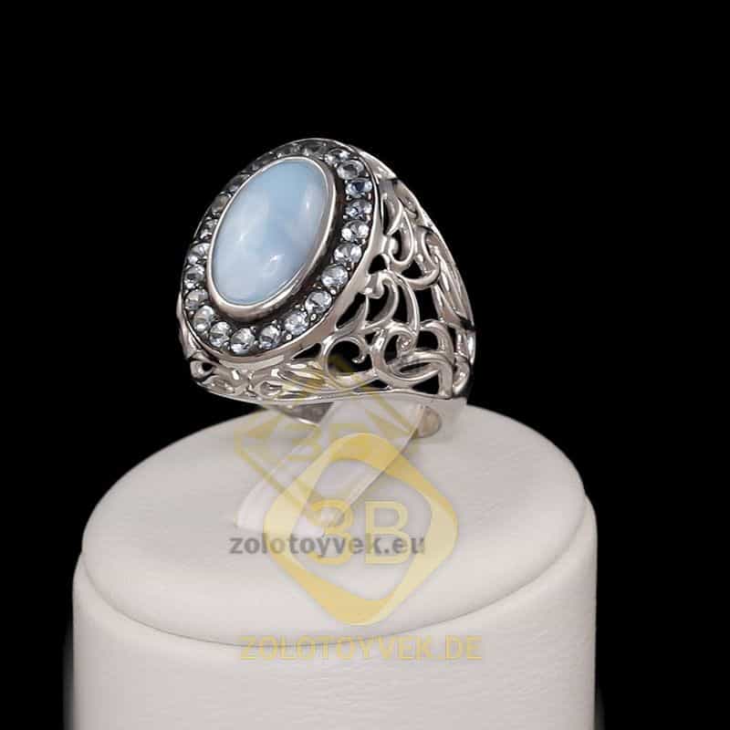 Серебряное кольцо с ларимаром и топазом Swiss Blue, покрытие Родий