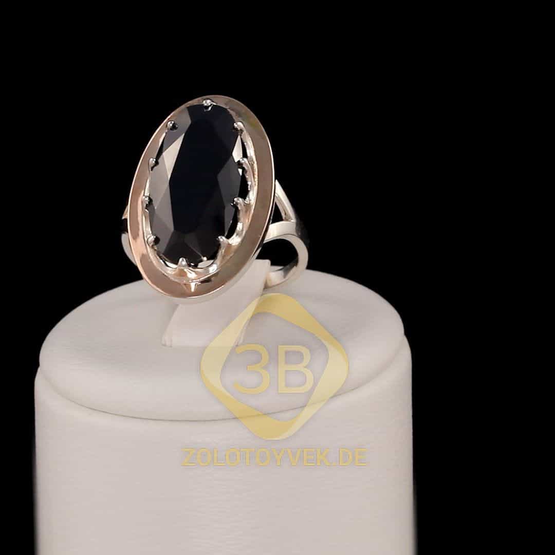 Серебряное кольцо со вставками золота и черным бриллианитом,покрытие Родий