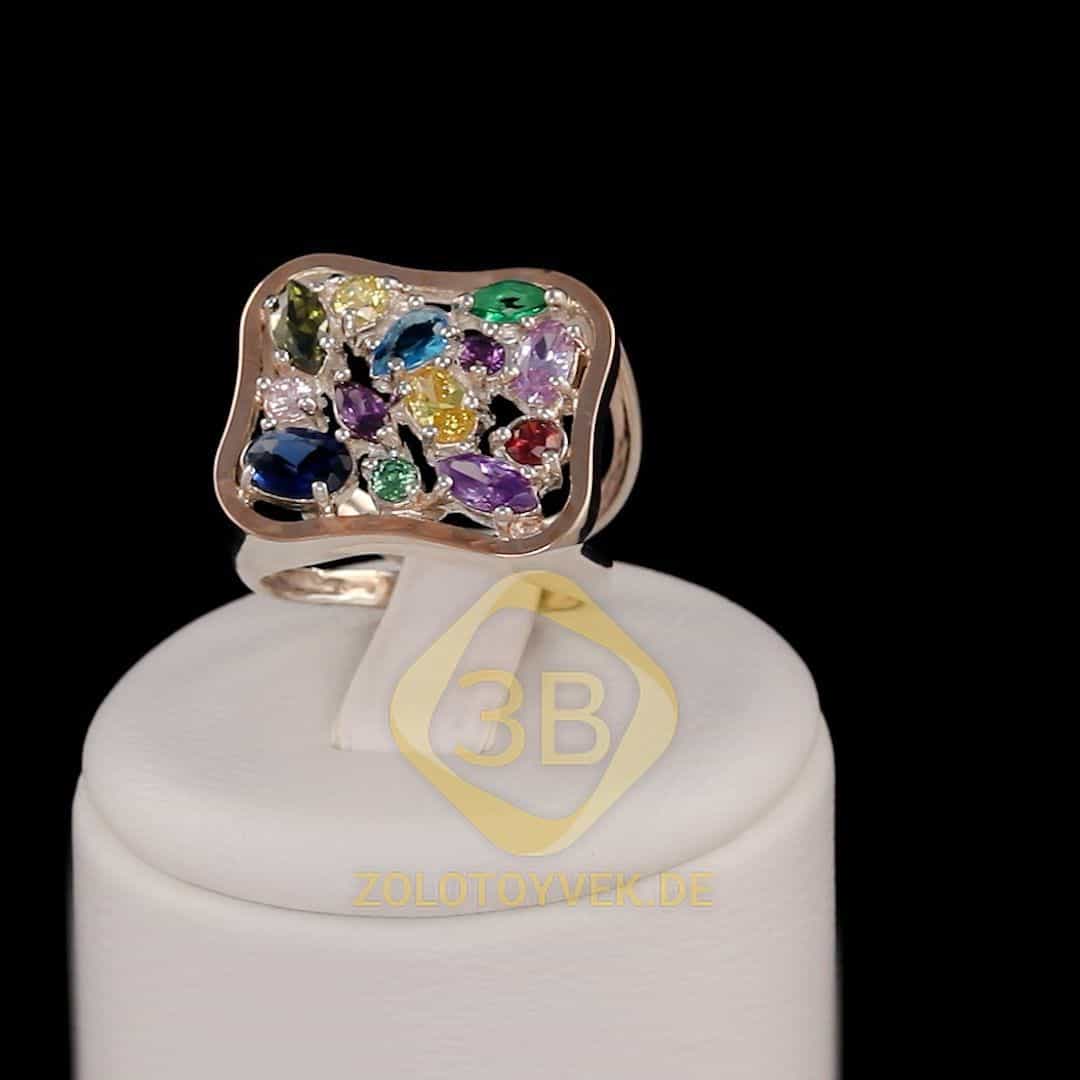 Серебряное кольцо со вставками золота и цветными бриллианитами,покрытие Родий