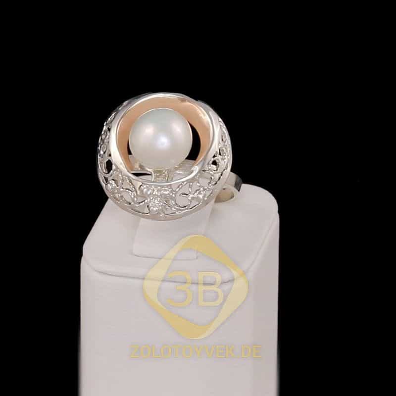 Серебряное кольцо со вставками золота и белым культивированным жемчугом, покрытие Родий