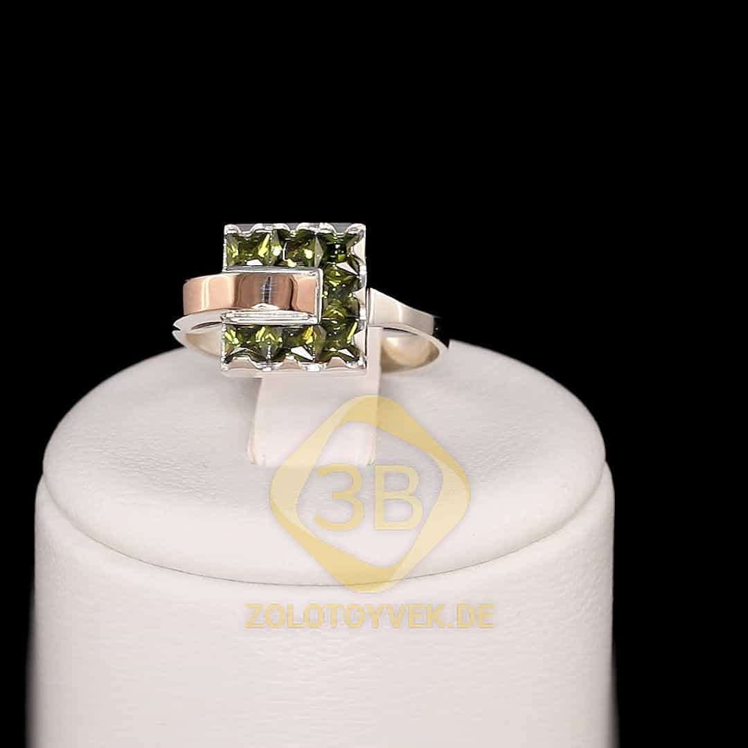 Серебряное кольцо со вставками золота и хризолитовым бриллианитом, покрытие Родий