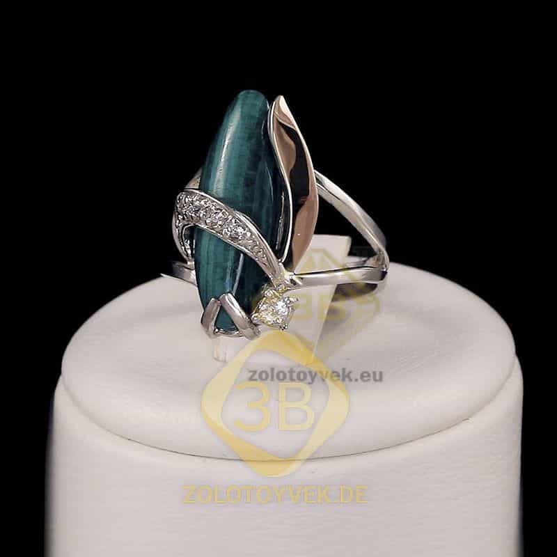 Серебряное кольцо со вставками золота, малахитом и фианитами, покрытие Родий