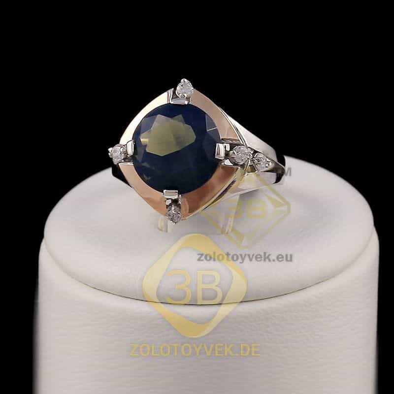 Серебряное кольцо со вставками золота, аква бриллианитом и фианитами, покрытие Родий