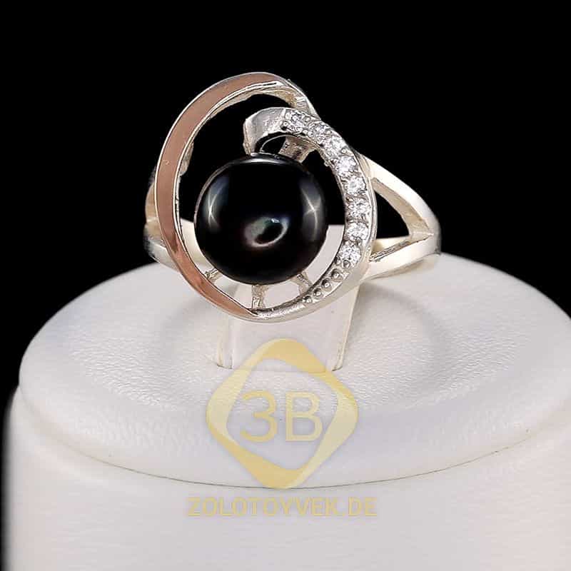 Серебряное кольцо со вставками золота, черным культивированным жемчугом и фианитами, покрытие Родий