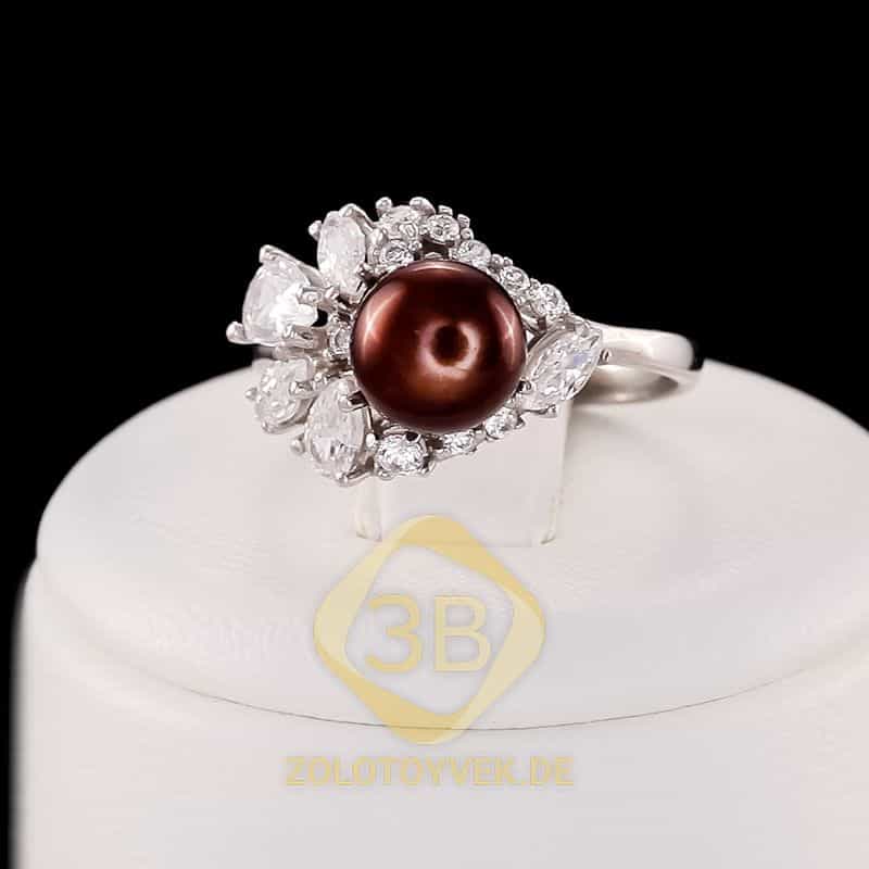Серебряное кольцо с коричневым культивированным жемчугом и фианитами, покрытие Родий