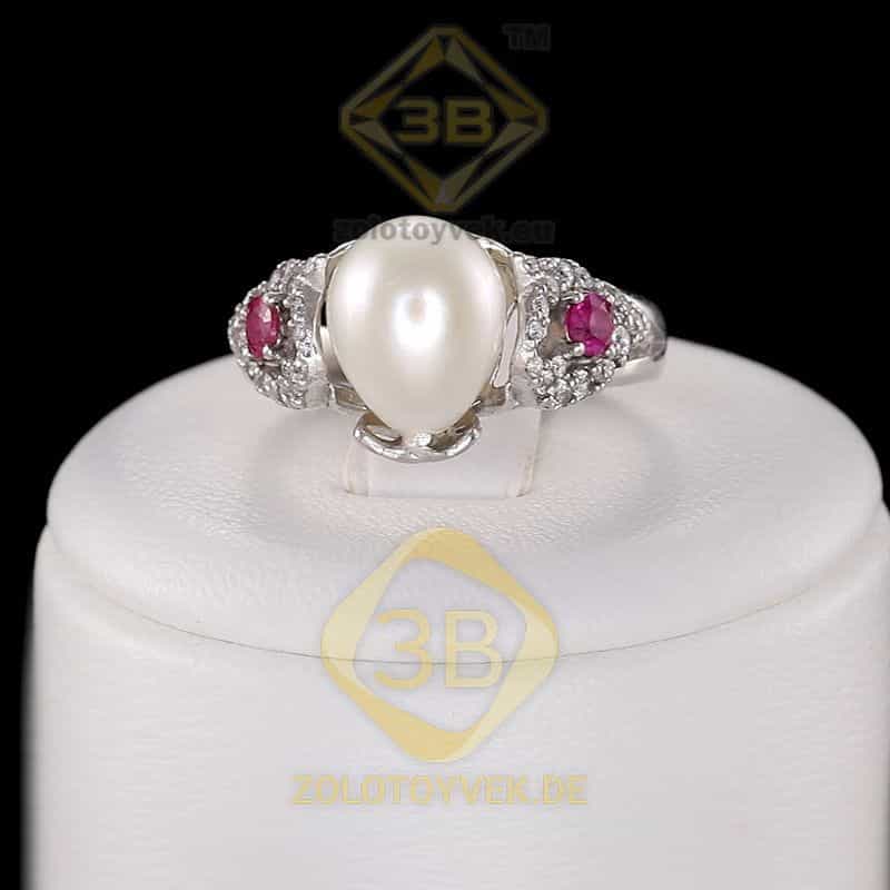 Серебряное кольцо с белым культивированным жемчугом, рубином и фианитами, покрытие Родий