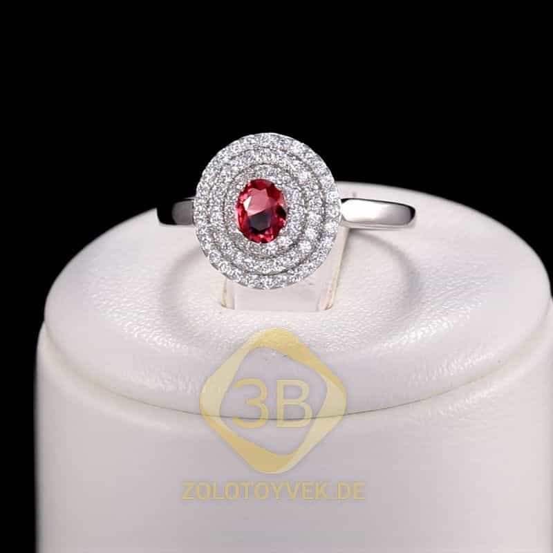 Серебряное кольцо с рубиновым брилианитом и фианитами, покрытие Родий