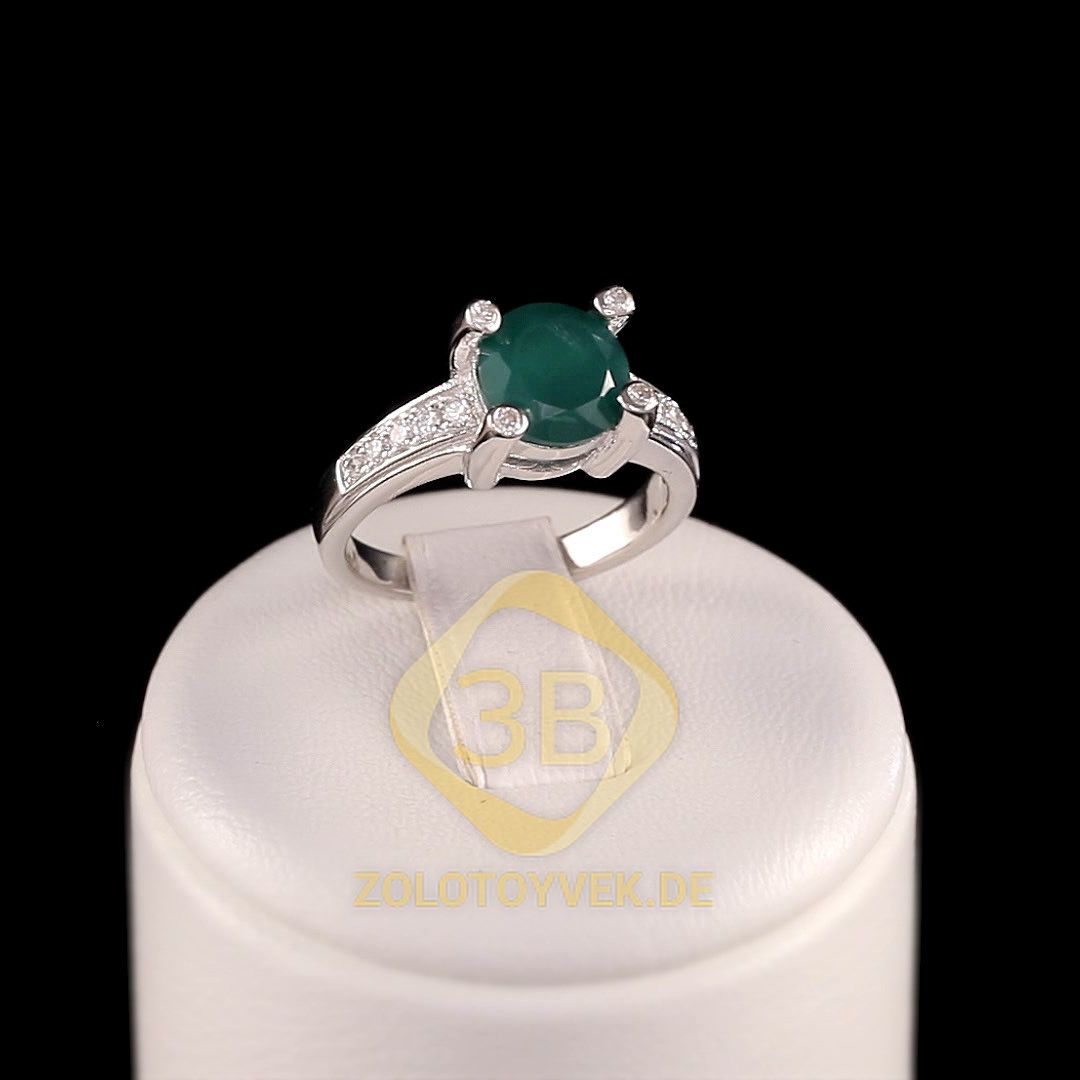 Серебряное кольцо с зеленым агатом и фианитами