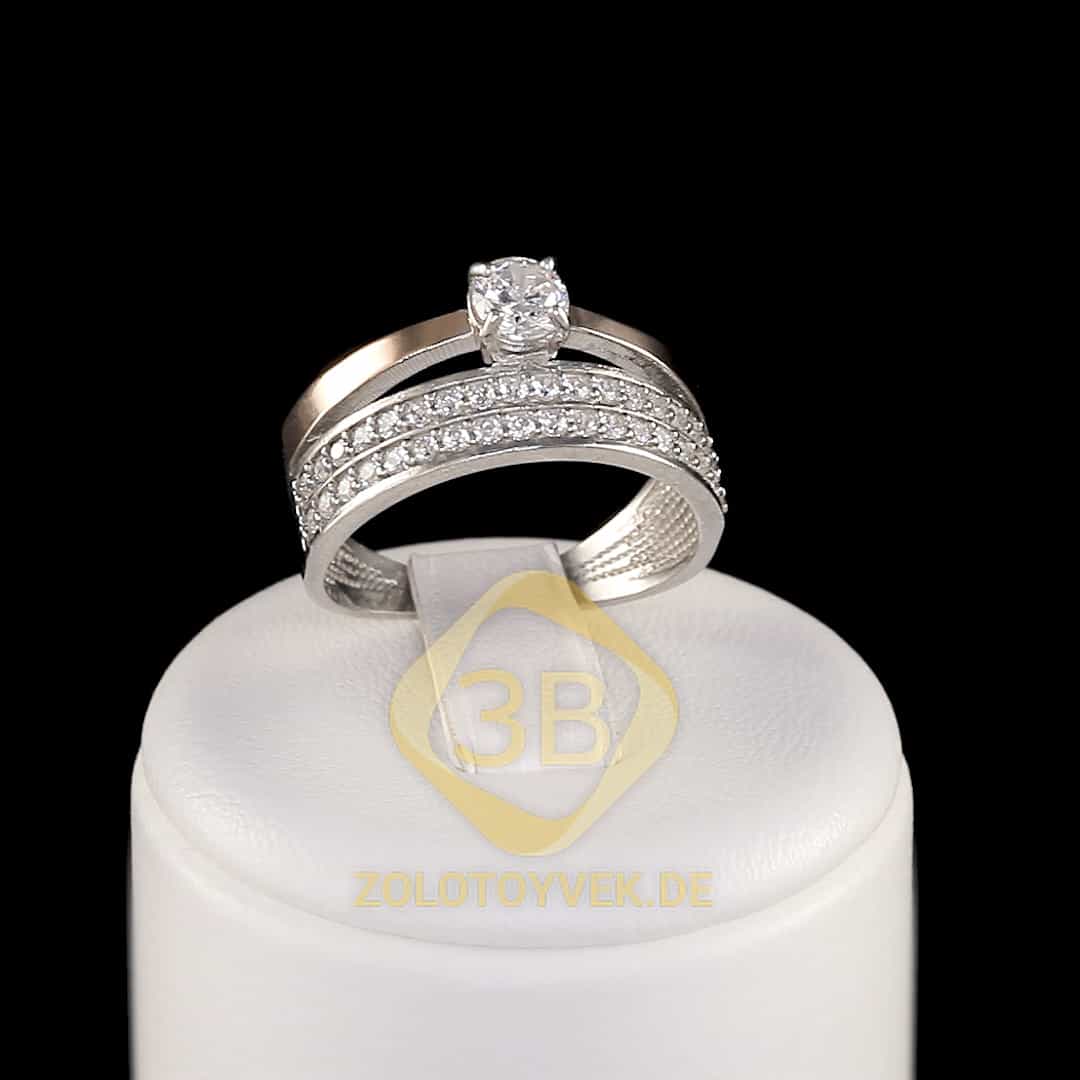 Серебряное кольцо с золотом бриллианитом и фианитами