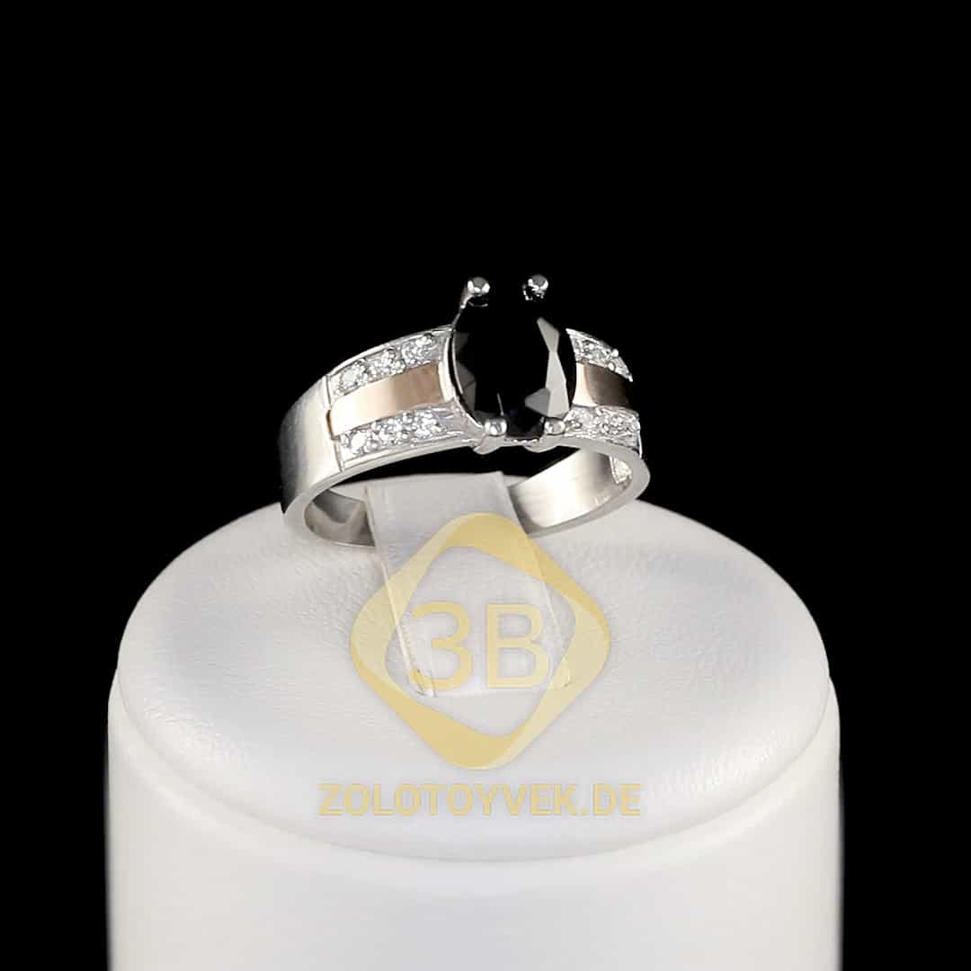 Серебряное кольцо с золотом черным бриллианитом и фианитами