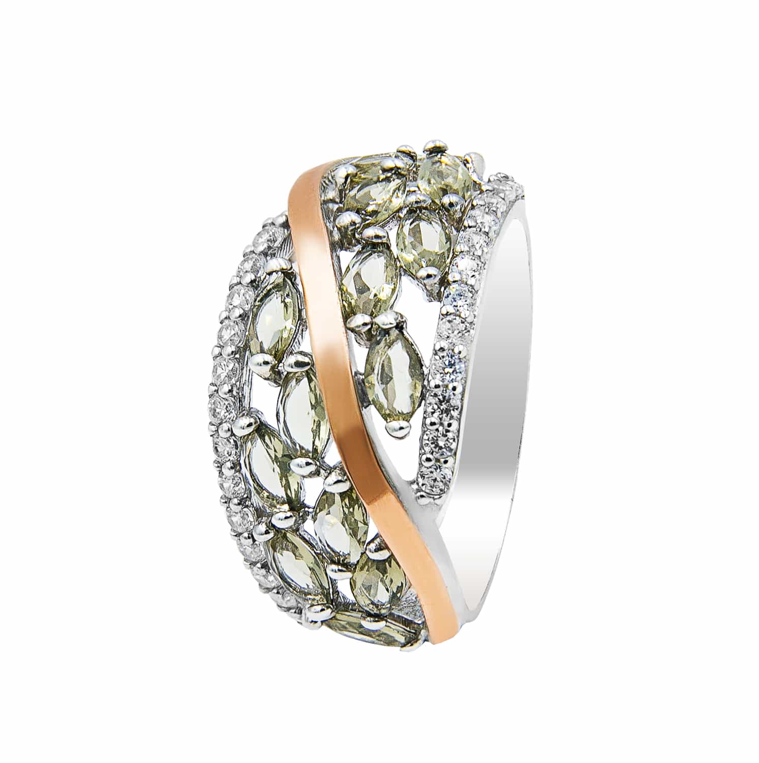 Серебряное кольцо с золотом, дымчатым альпинитом и фианитами