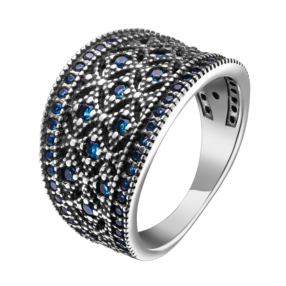 Серебряное кольцо с синими фианитами, чернение
