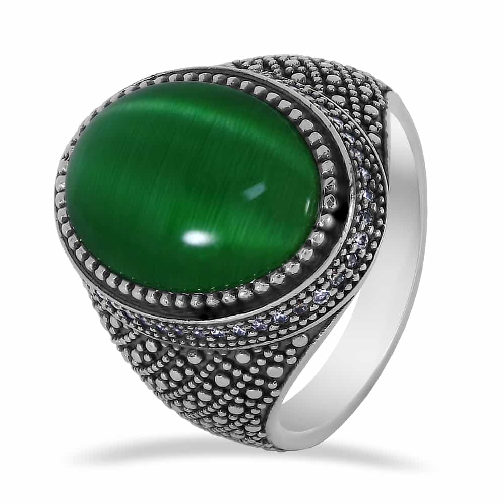 Серебряное кольцо с зеленым агатом, фианитами и золотом