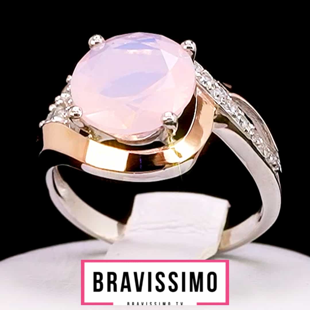 Серебряное кольцо с золотом, розовым кварцем, бриллианитами и фианитами