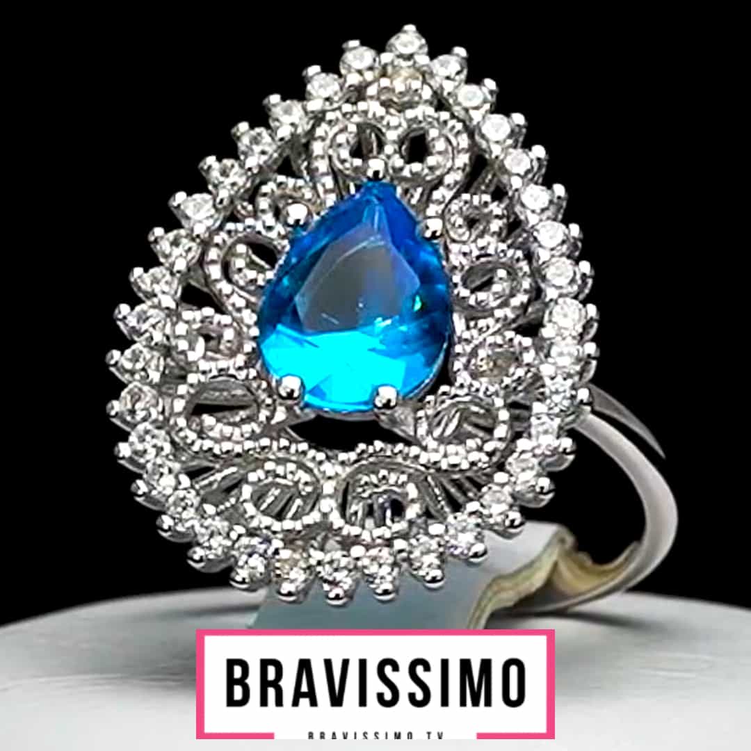 Серебряное кольцо с голубым  топазом и фианитами
