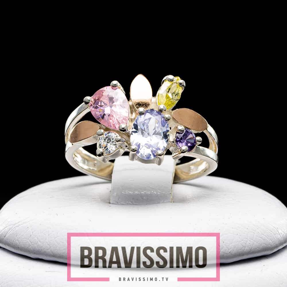 Серебряное кольцо с золотом, кунцитом, аметистом, розовым топазом, лимонным топазом и бриллианитом