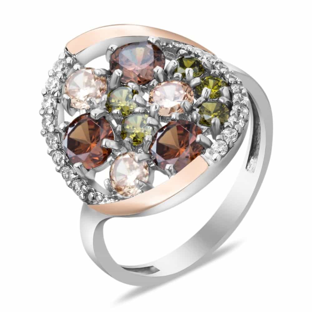 Серебряное кольцо с золотом, раухтопазом, цитрином, оливином и фианитами