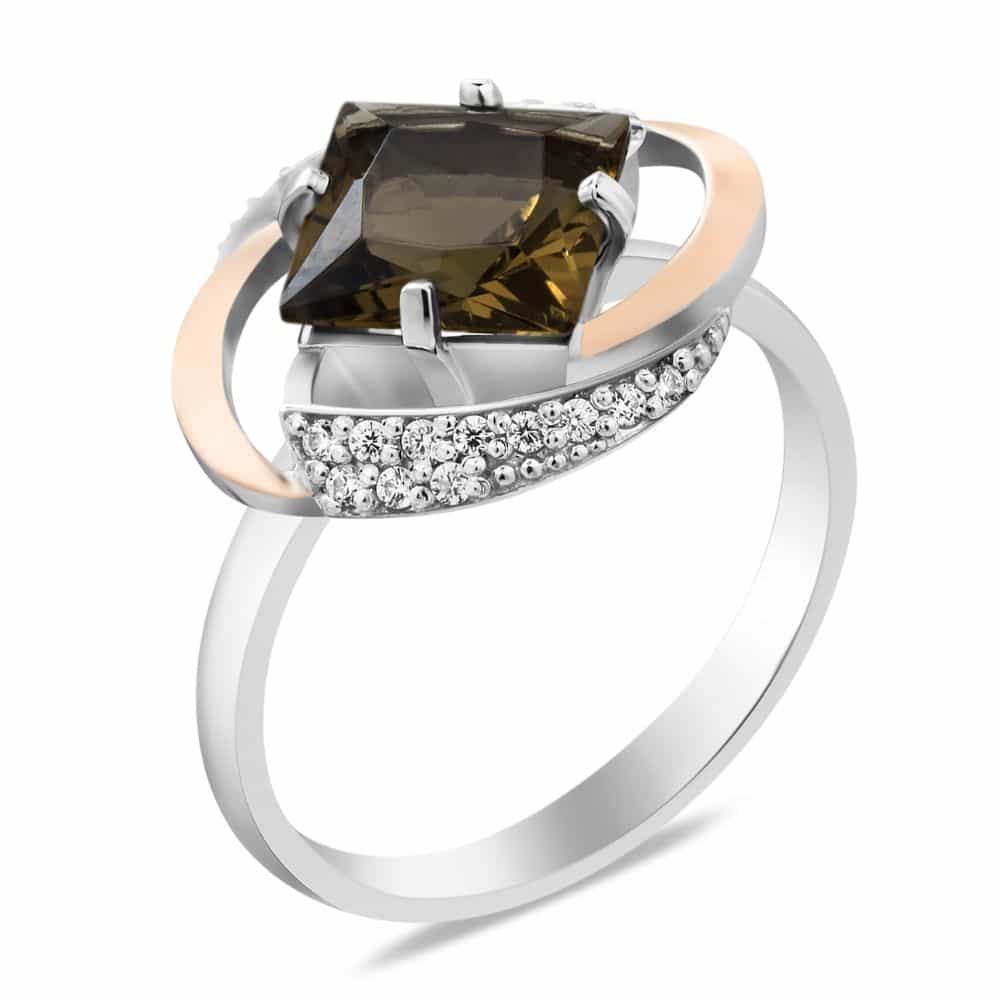 Серебряное кольцо с золотом, раухтопазом и фианитами