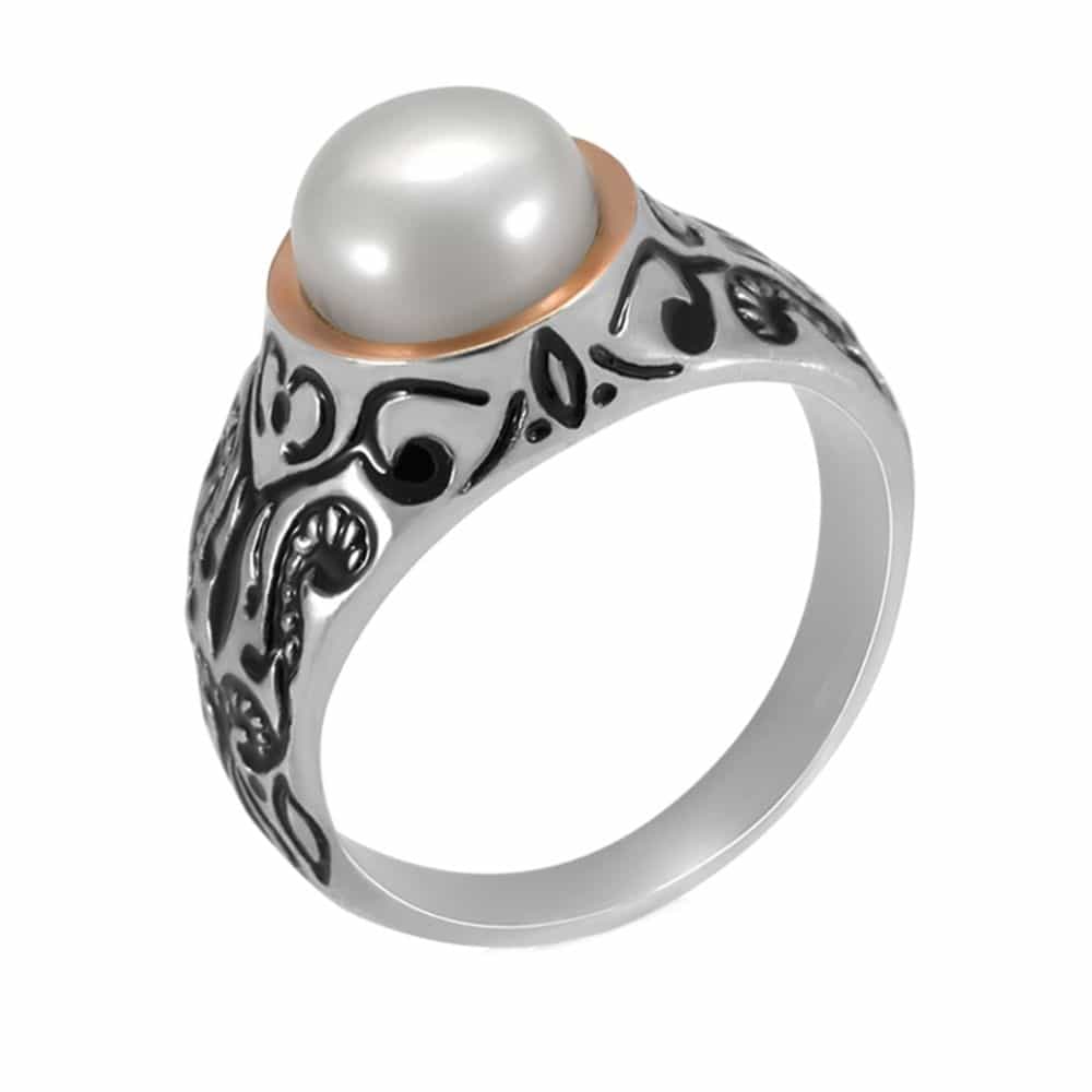 Серебряное кольцо с золотом, жемчугом и чёрной эмалью