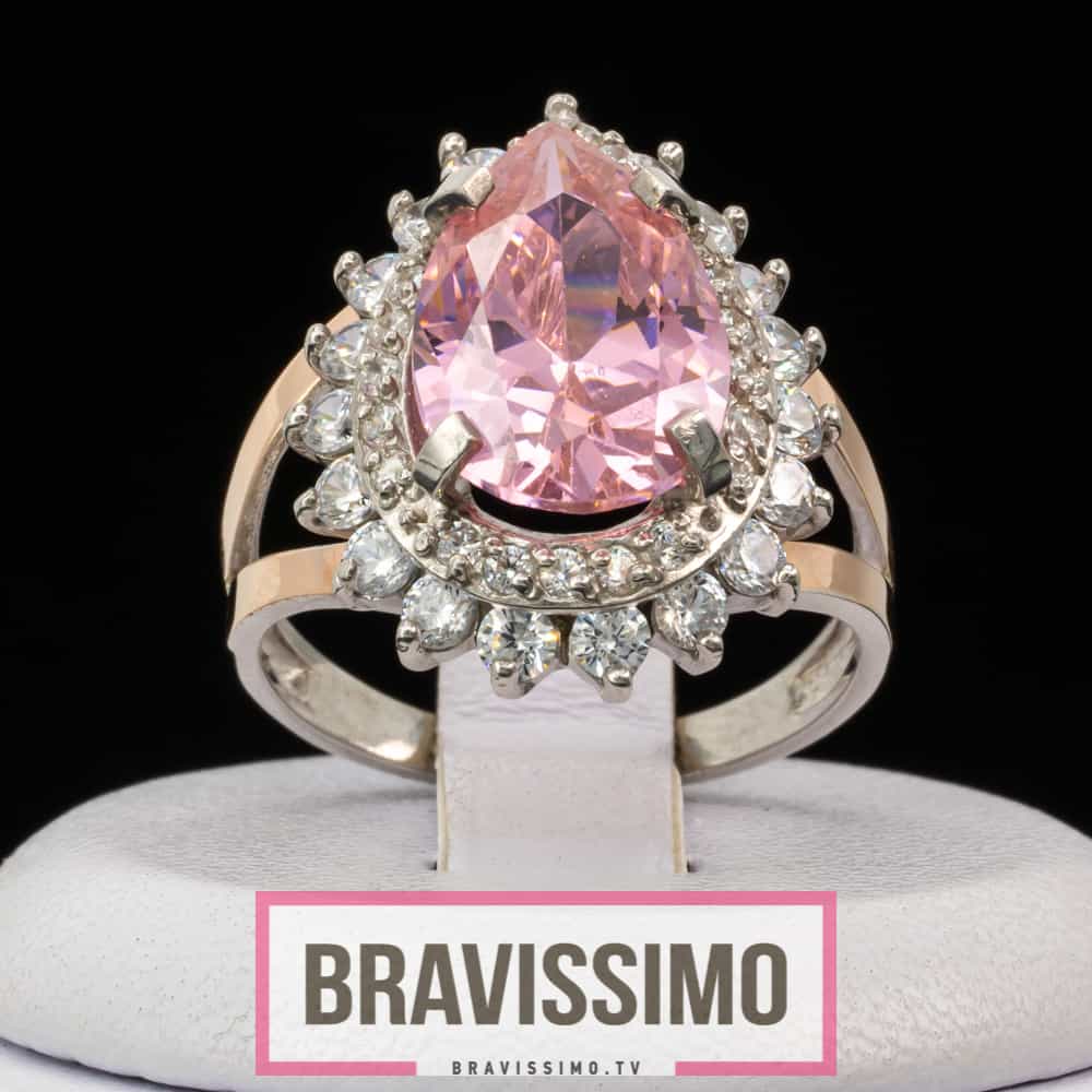 Серебряное кольцо с золотом, розовым топазом и бриллианитами