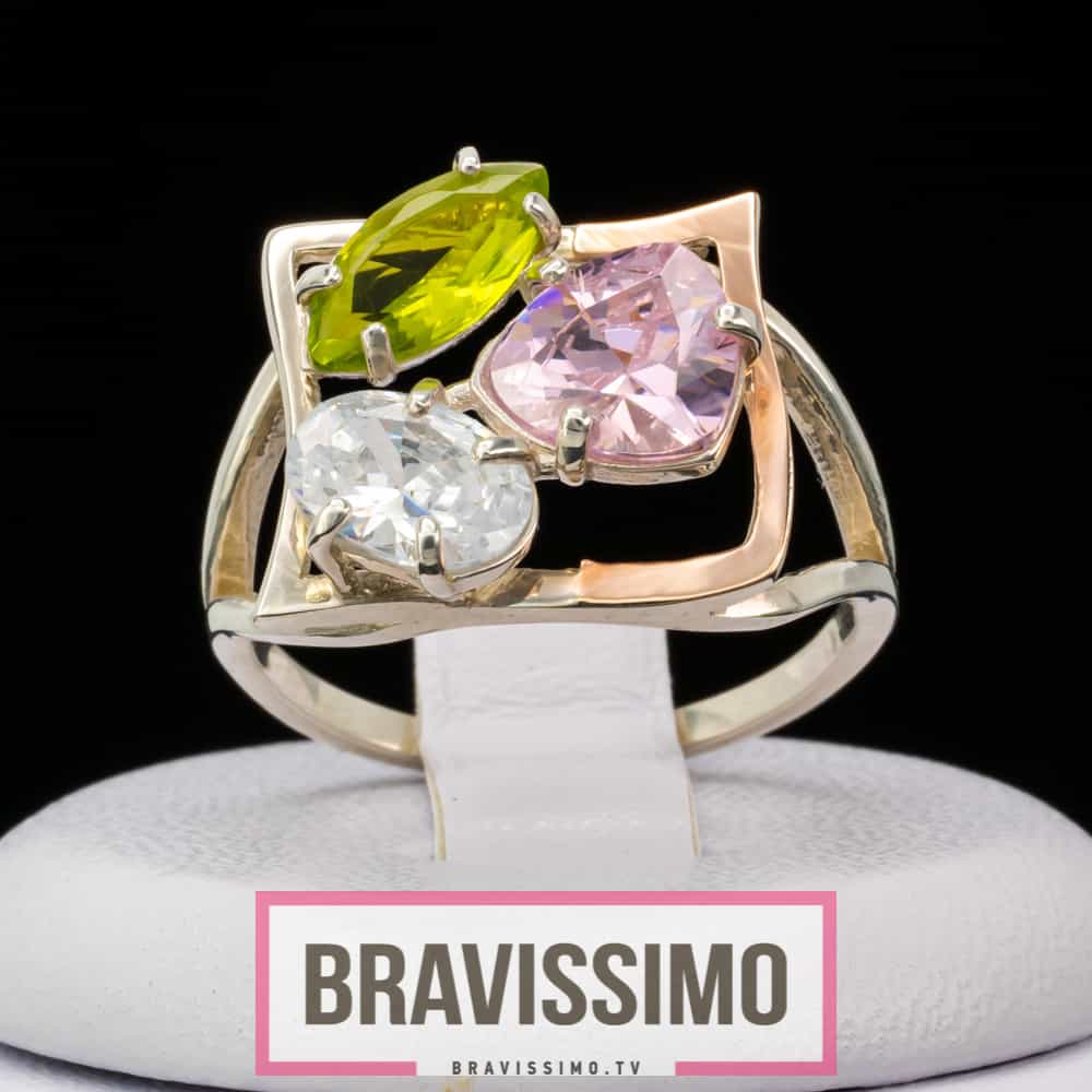 Серебряное кольцо с золотом, хризолитом, розовым топазом и бриллианитами