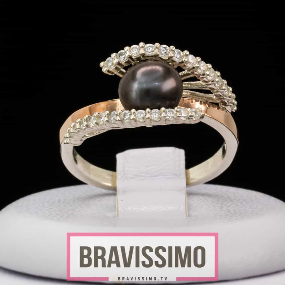 Серебряное кольцо с золотом, чёрным жемчугом и фианитами