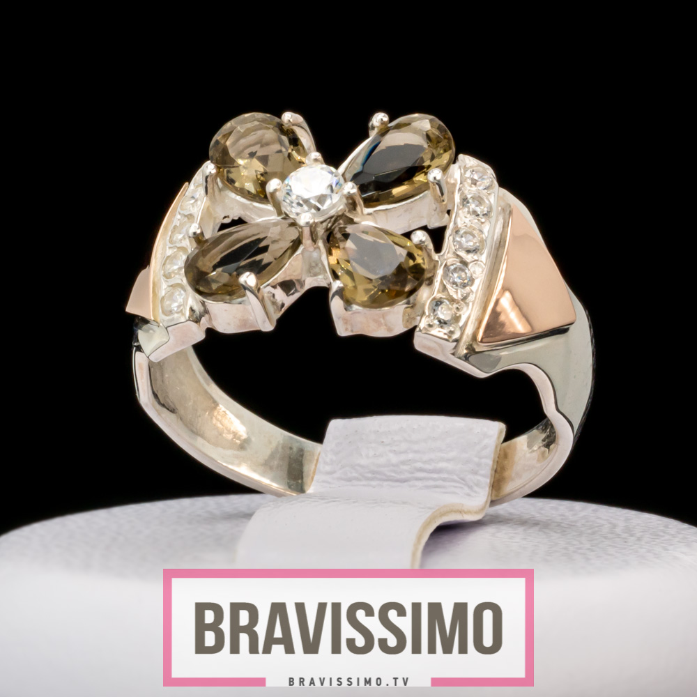 Серебряное кольцо с золотом, раухтопазом и фианитами